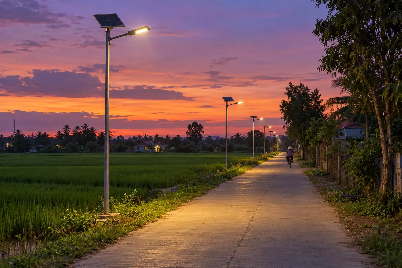 Đèn đường năng lượng mặt trời trên đường nông thôn lúc chạng vạng
