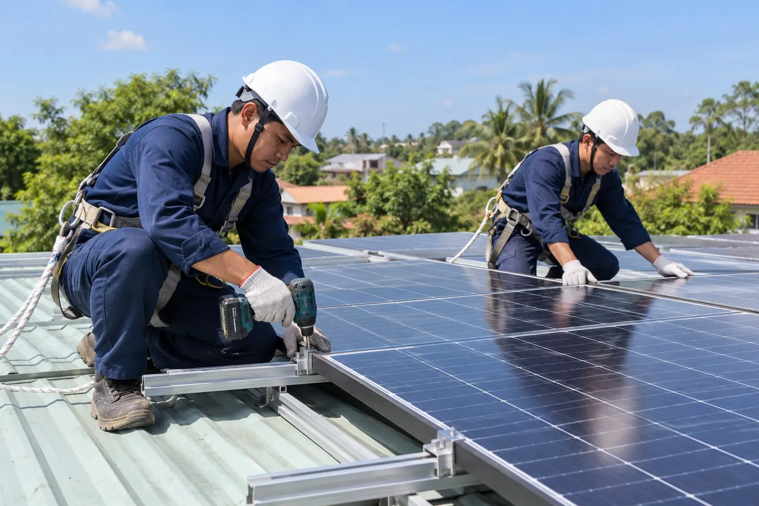 Kỹ thuật viên lắp tấm pin lên ray nhôm trên mái tôn
