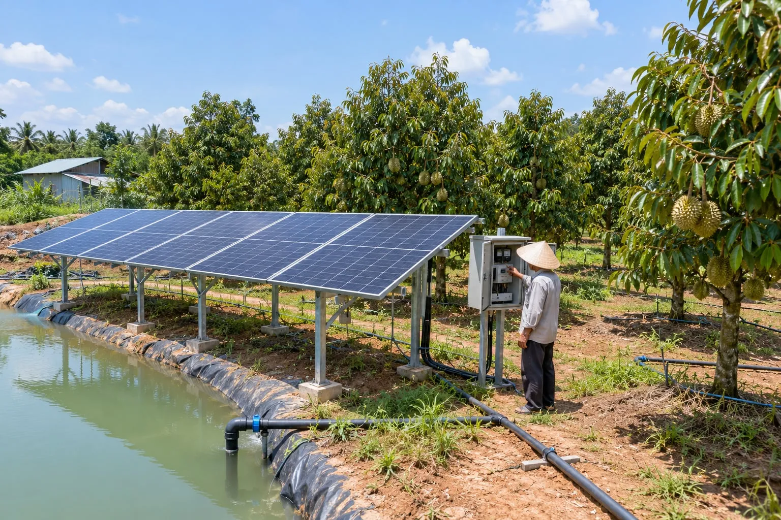 Dàn pin mặt trời cấp điện cho máy bơm tưới trong vườn sầu riêng